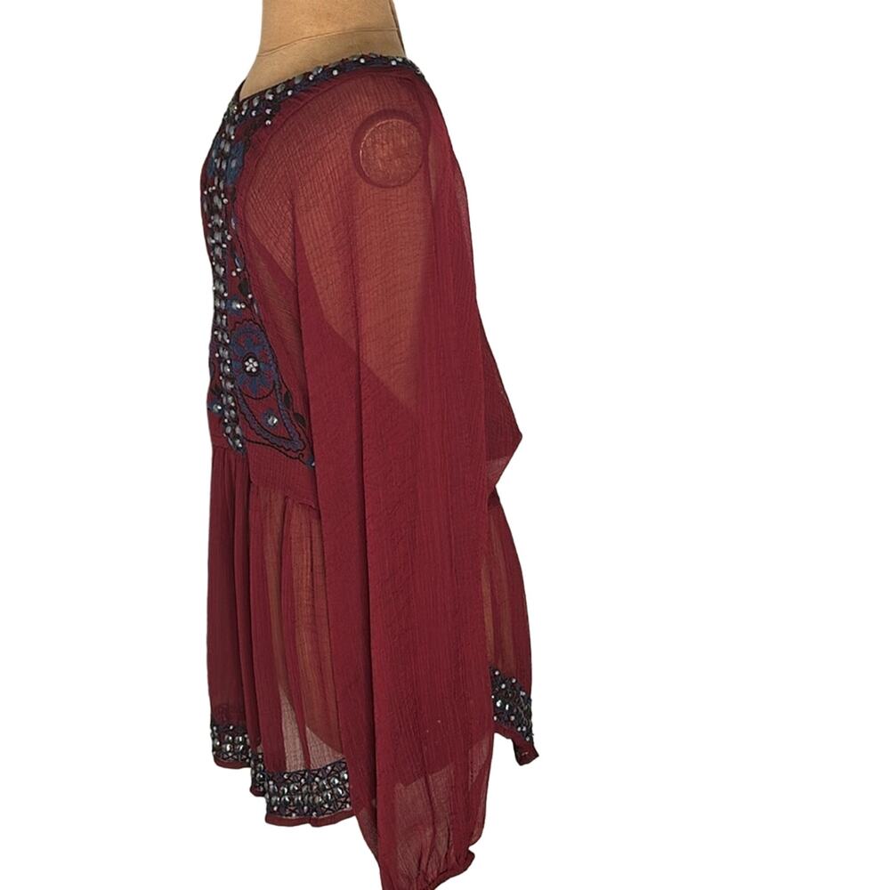 Free People Promesa Peasant Tunic Blouse Sheer Beaded Embroidered Boho M Indie - Picture 5 of 10